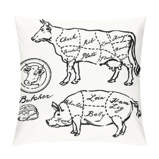 Personality  Pork And Beef Cuts - Hand Drawn Set Pillow Covers