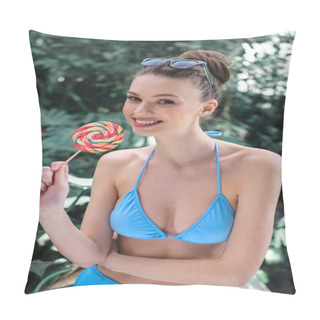 Personality  Smiling Beautiful Girl In Bikini Posing With Lollipop On Tropical Resort Pillow Covers