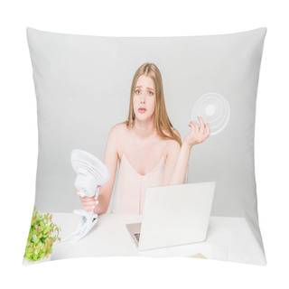 Personality  Beautiful Girl Holding Electric Fan At Desk And Suffering From Heat On Grey Pillow Covers