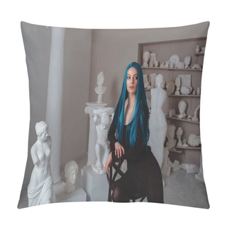 Personality  Beautiful Young Girl With Blue Hair In Skinny Black At The Working Place In The Old Atmospheric Studio. Sitter Model, Muse And Inspirer Concept Pillow Covers