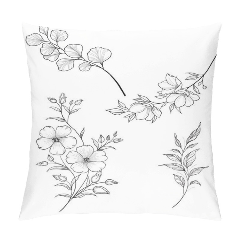 Personality  Hand drawn branch of sakura with blooms, flowers, leaves, petals. Modern line art style. Botanical composition for card, invitation, logo, fabric print. pillow covers