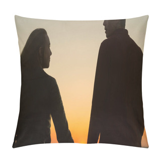 Personality  Loving Young Couple Holding Hands Looking Each Other At Amazing Sunset Outdoors - Close Up Pillow Covers