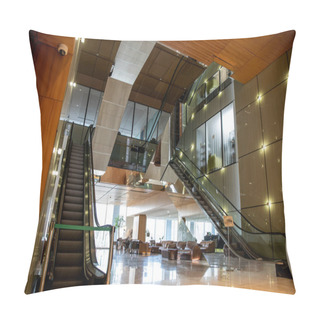 Personality  Modern Hotel Interior With Sophisticated Lobby Design, Escalators, Moving Staircase, Classy Leather Couches, Lavish Ambience, Spacious And Comfort, Elegance And Chic, Aesthetic  Pillow Covers