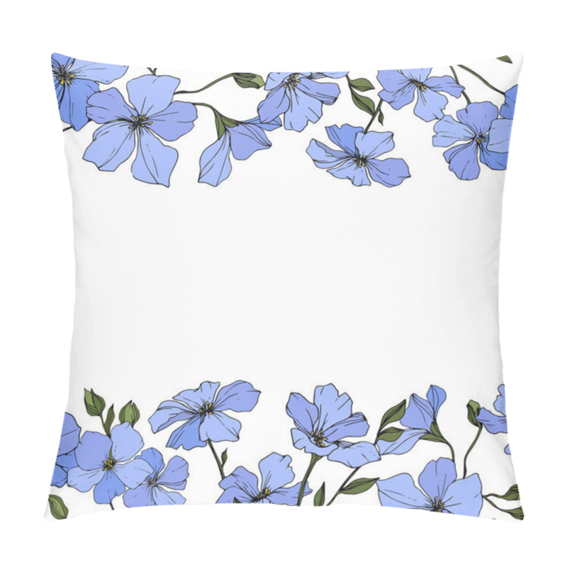Personality  Vector. Blue flax flowers with green leaves and buds isolated on white background. Engraved ink art.  pillow covers
