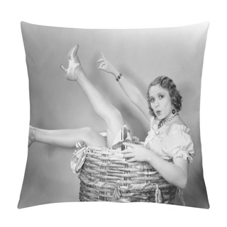 Personality  Young Woman Sitting In A Basket Looking Surprised Pillow Covers