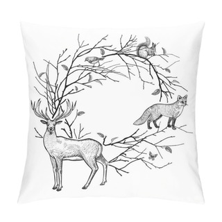 Personality  Decorative Frame With Tree Branches, Leaves And Animals. Black And White Background. Forest Animals Deer, Fox, Hare, Squirrel And Bird. Hand Drawing Of Wildlife. Vector Illustration Art. Vintage. Pillow Covers