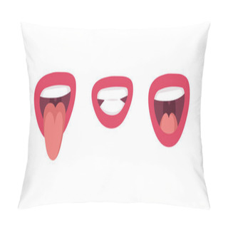 Personality  Emotional Women Lips. Cartoon Style Illustration Female Mouth. Isolated Hand Drawn Vector Facial Expression. Pink Lipstick Gestures Collection Expressing Different Emotions Pillow Covers
