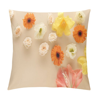 Personality  Top View Of Spring Flowers Scattered On Beige Background Pillow Covers