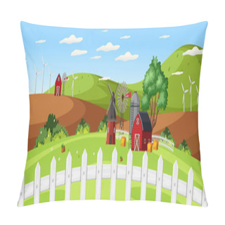 Personality  Farm Landscape With Red Barn And Close Up Fence In Summer Season Illustration Pillow Covers