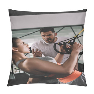 Personality  Excited Trainer Shouting While Motivating Young Sportswoman Pulling Up On Suspension Trainer Pillow Covers
