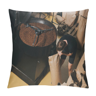Personality  Man Filling Paper Bag With Freshly Roasted Coffee Beans Pillow Covers