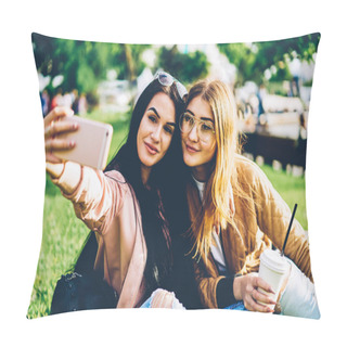Personality  Cheerful Female Friends Making Beautiful Pictures On Smartphone Using Application On Smartphone.Attractive Young Women Making Selfie On Modern Mobile Posing Outdoors During Free Time On Weekend Pillow Covers