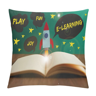Personality Open Book With Colorful Rocket On Wooden Table With Play, Joy, Fun And E-learning Words Pillow Covers