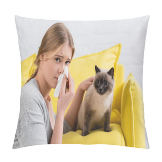 Personality  Young Woman Holding Napkin During Allergy Snuffle Near Siamese Cat On Couch  Pillow Covers