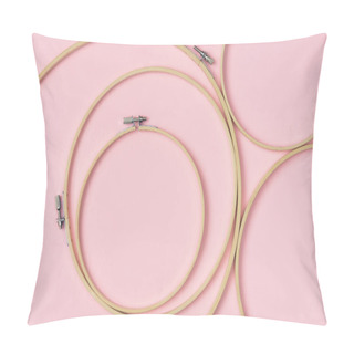 Personality  Flat Lay With Wooden Embroidery Hoops Arranged On Pink Background Pillow Covers