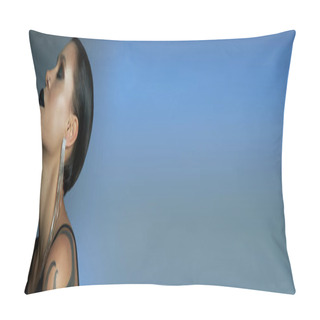 Personality  Profile Of Tattooed Woman With Gothic Makeup And Shiny Earring On Blue Grey Backdrop, Banner Pillow Covers