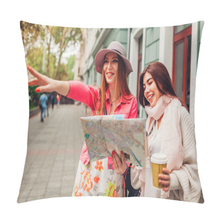 Personality  Two Women Tourists Searching For Right Way Using Map In Odessa. Happy Friends Travelers Showing Direction And Laughing Pillow Covers