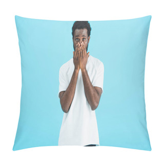 Personality  Frustrated African American Man In White T-shirt Closing Face, Isolated On Blue   Pillow Covers
