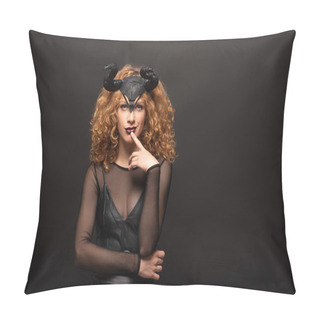Personality  Beautiful Pensive Woman Posing In Halloween Costume With Horns On Black  Pillow Covers