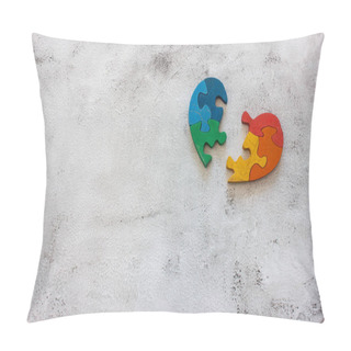Personality  Wooden Multicolor Puzzle In The Form Of Heart On Gray Background. Concept Valentines Day, Relationship. Space For Text Pillow Covers