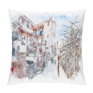 Personality  Watercolor Sketch Or Illustration Of The Traditional European Urban Architecture In Tbilisi. Capital Of Georgia Pillow Covers
