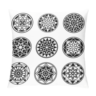 Personality  Mandala Tattoo Icons Set. Geometric Round Stylized Ornament Of Laurel Leaves, Lotus Petal. Harmony, Luck, Infinity Symbol. Black Signs. Vector Pillow Covers