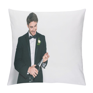Personality  Happy Bridegroom Opening Champagne Bottle On White Background Pillow Covers