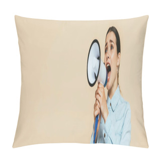 Personality  Brunette Woman In Denim Shirt Screaming In Loudspeaker Isolated On Beige, Panoramic Shot Pillow Covers