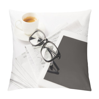 Personality  Eyeglasses, Coffee Cup, Digital Tablet And Pile Of Newspapers, On White Pillow Covers