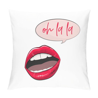 Personality Vector Lips Stickers. Fashion Glamour Pink Sexy Lips Labels. Beautiful Set With Oh La La Tag, Kiss Me Quote, Xoxo Text, Love You Sign. Woman Mouth Trendy Elements Pillow Covers