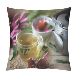 Personality  Echinacea Tea In A Cup. Echinacea Flowers. Teapot And A Cup Of Tea. Pillow Covers