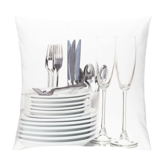 Personality  Clean Plates, Glasses And Cutlery Isolated On White Pillow Covers