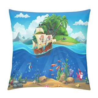 Personality  Cartoon Underwater World With Fish, Plants, Island And Ship Pillow Covers