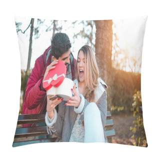 Personality  Couple In Love. Man Surprising His Girlfriend With A Gift. Pillow Covers