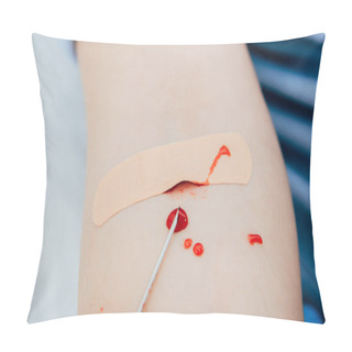 Personality  Partial View Of Woman With Adhesive Bandage, Blood Drops And Syringe Pillow Covers
