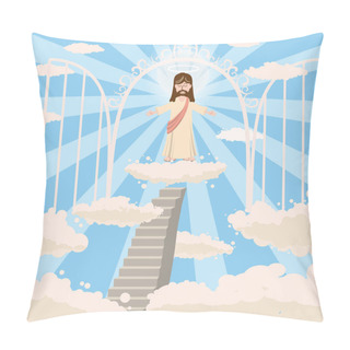 Personality Cute God Smiles With Love With Open Arms, The Road To Heaven, The Open Gates Of Heaven, The Nimbus Of The Saint Over His Head, On A Cloud In Heaven, Sky, Clouds, Christianity, Vector, Isolated Pillow Covers