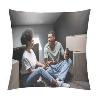 Personality  Cheerful African American Couple With Coffee Talking Near Cardboard Boxes On Attic In New House Pillow Covers
