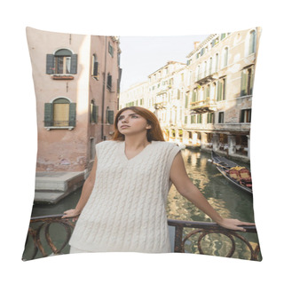 Personality  Dreamy Woman In Summer Knitwear Standing Over Canal Near Medieval Venetian Buildings Pillow Covers