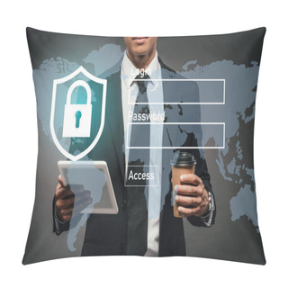 Personality  Partial View Of African American Businessman Holding Coffee To Go And Digital Tablet On Dark Background With Secure Access Illustration Pillow Covers