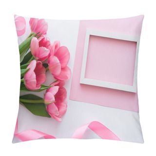 Personality  Top View Of Bouquet With Tulips Near Ribbon And Frame On White And Pink Pillow Covers