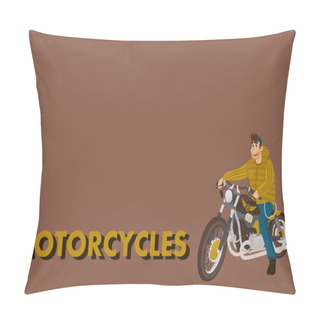 Personality  Cartoon Motorcycle With Driver. Vintage Stylish Bike. Flat Design For Logo Pillow Covers