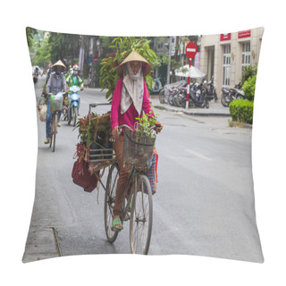 Personality  Old Quarter Of Hanoi. Street Sellers Sell Fruit From Their Bikes Pillow Covers