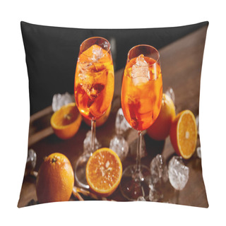 Personality  High Angle View Of Aperol Spritz In Glasses, Oranges And Ice Cubes On Black Background  Pillow Covers