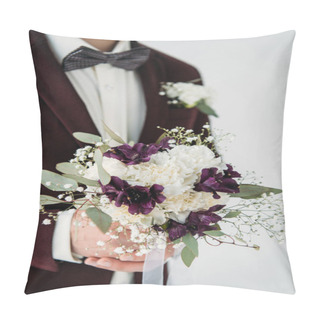Personality  Partial View Of Groom In Suit With Beautiful Wedding Bouquet In Hands Pillow Covers