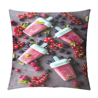 Personality  Top View Of Delicious Sweet Ice Lollies And Fresh Ripe Berries On Grey Surface Pillow Covers