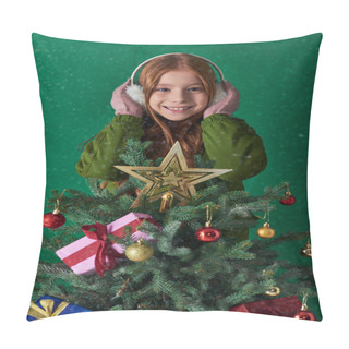 Personality  Holiday Joy, Happy Girl In Ear Muffs Hugging Decorated Christmas Tree On Turquoise Backdrop Pillow Covers