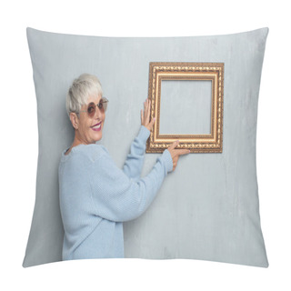 Personality  Senior Cool Woman With A Baroque Frame Against Grunge Cement Wall. Pillow Covers
