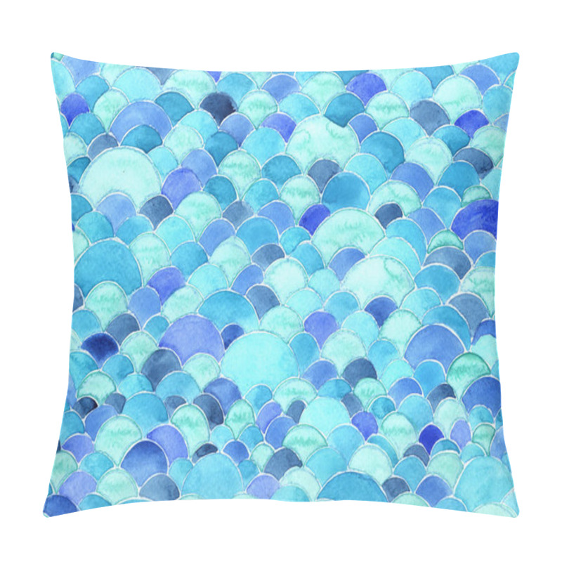 Personality  Blue Ocean Wave And Scale Of Fish Watercolor Hand Painting Frame Background For Decoration On Summer Holiday Event. Pillow Covers