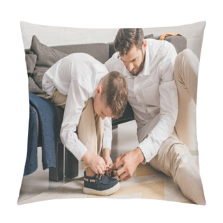 Personality  Father Teaching Son To Tying Shoelaces At Home Pillow Covers