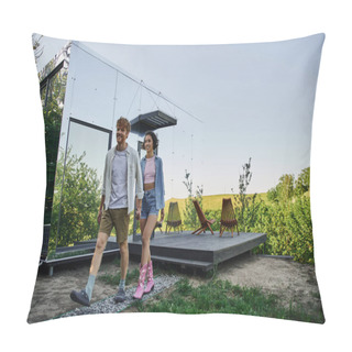 Personality  Happy Multicultural Couple Walking Together Near Modern Glass House In Countryside, Natural Location Pillow Covers